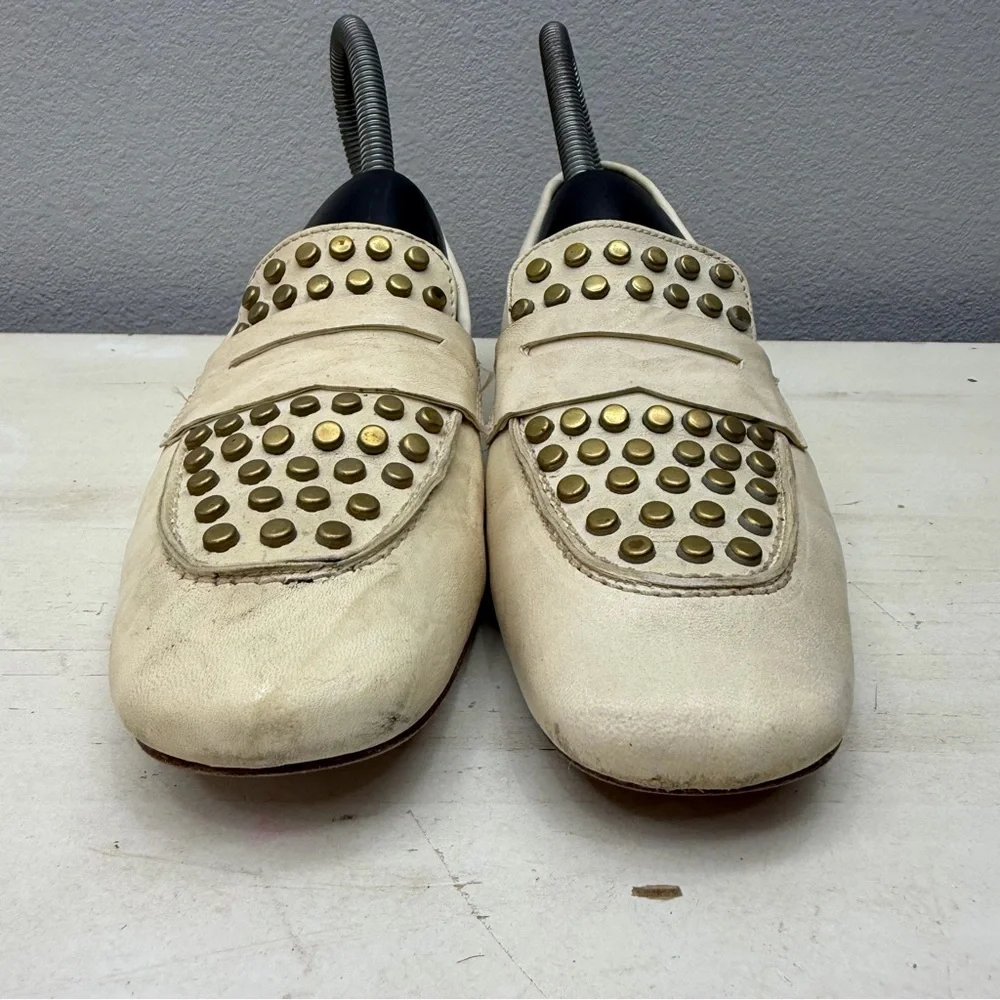 Calleen Cordero White Leather Gold Studded Penny Loafers Size 6